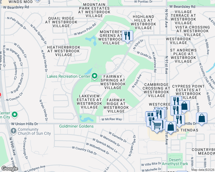 map of restaurants, bars, coffee shops, grocery stores, and more near 19024 North 96th Avenue in Peoria
