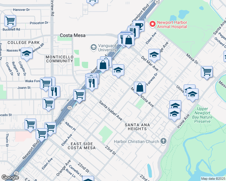 map of restaurants, bars, coffee shops, grocery stores, and more near 2461 Orange Avenue in Costa Mesa