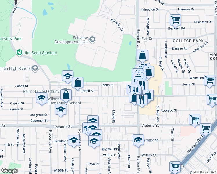 map of restaurants, bars, coffee shops, grocery stores, and more near 2280 West Wilson Street in Orange
