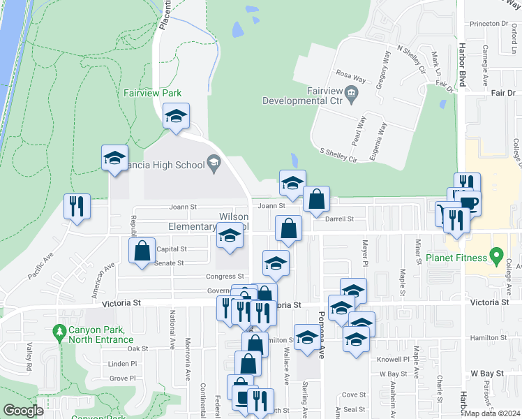 map of restaurants, bars, coffee shops, grocery stores, and more near 2278A Placentia Avenue in Costa Mesa
