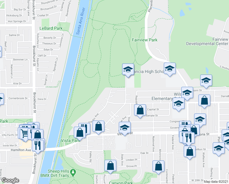 map of restaurants, bars, coffee shops, grocery stores, and more near 2281 Canyon Drive in Costa Mesa