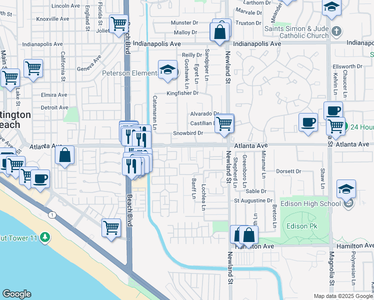map of restaurants, bars, coffee shops, grocery stores, and more near 8225 Freeport Lane in Huntington Beach