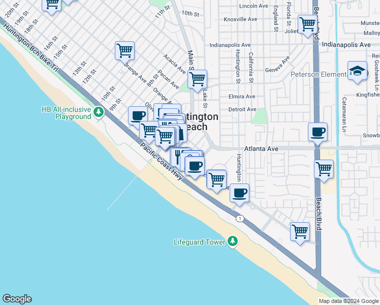 map of restaurants, bars, coffee shops, grocery stores, and more near 220 2nd Street in Huntington Beach