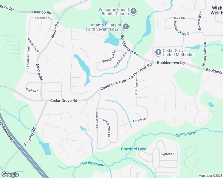 map of restaurants, bars, coffee shops, grocery stores, and more near 4154 Cedar Commons Way in Conley