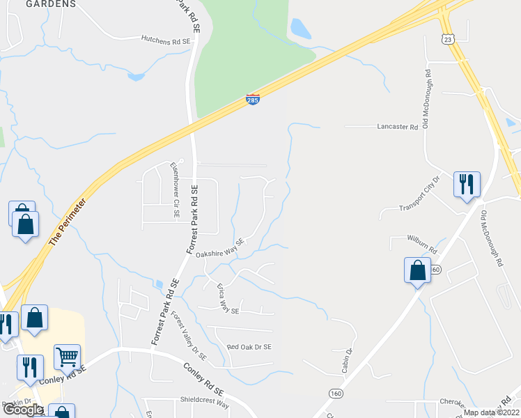 map of restaurants, bars, coffee shops, grocery stores, and more near 3579 Oakshire Way Southeast in Atlanta