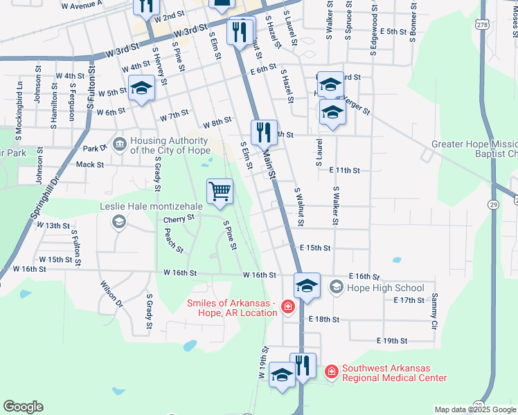 map of restaurants, bars, coffee shops, grocery stores, and more near 1302 South Elm Street in Hope