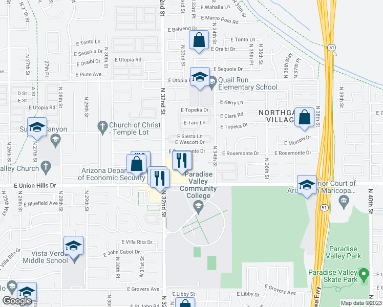 map of restaurants, bars, coffee shops, grocery stores, and more near 3301 East Rosemonte Drive in Phoenix