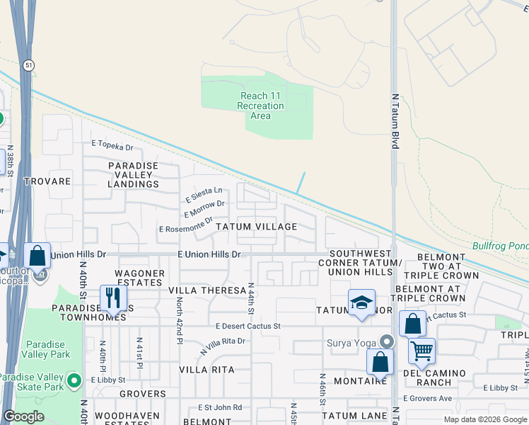 map of restaurants, bars, coffee shops, grocery stores, and more near 4373 East Rosemonte Drive in Phoenix