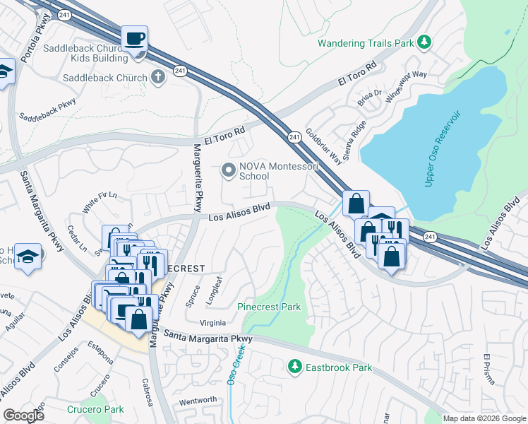map of restaurants, bars, coffee shops, grocery stores, and more near 21015 Ponderosa in Mission Viejo