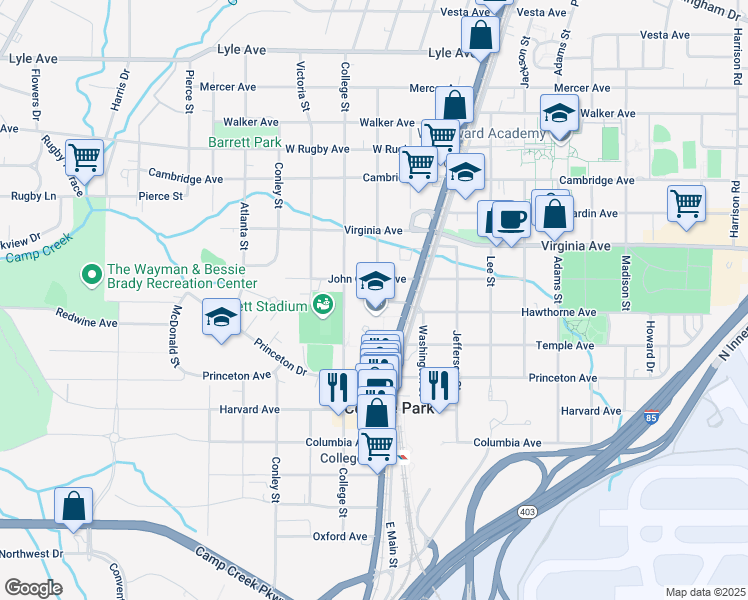 map of restaurants, bars, coffee shops, grocery stores, and more near 3593 Hemphill Street in Atlanta