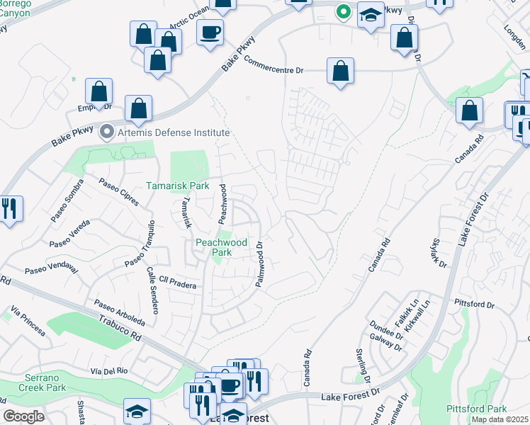 map of restaurants, bars, coffee shops, grocery stores, and more near 21061 Jenner in Lake Forest