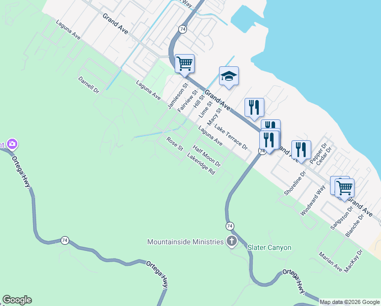 map of restaurants, bars, coffee shops, grocery stores, and more near 15600 Lakeridge Road in Lake Elsinore