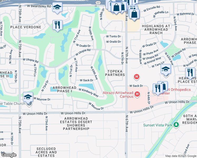 map of restaurants, bars, coffee shops, grocery stores, and more near 18899 North 69th Avenue in Glendale