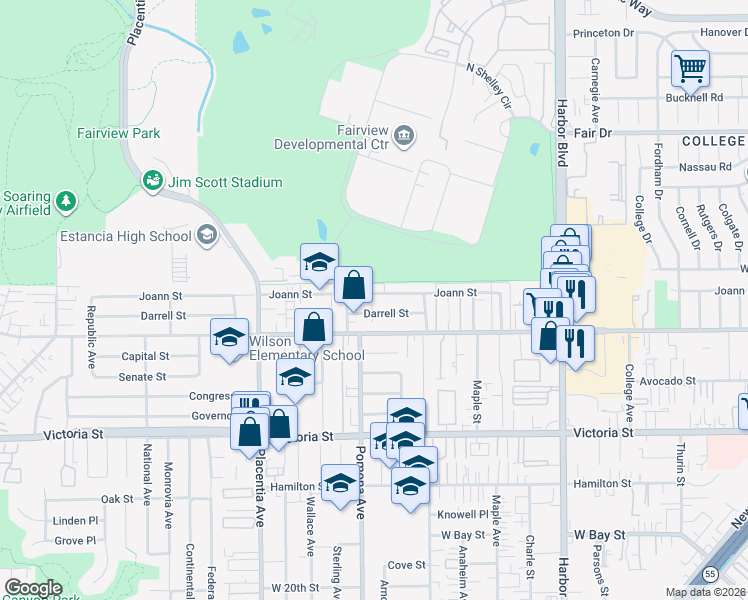 map of restaurants, bars, coffee shops, grocery stores, and more near 682 Darrell Street in Costa Mesa