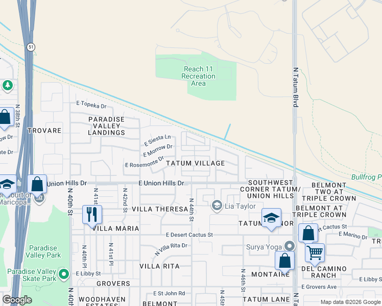 map of restaurants, bars, coffee shops, grocery stores, and more near 4366 East Rosemonte Drive in Phoenix