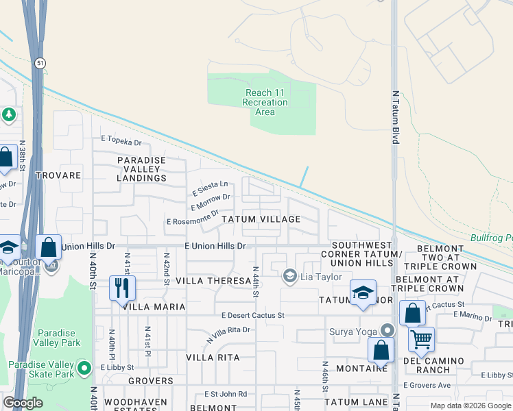 map of restaurants, bars, coffee shops, grocery stores, and more near 4368 East Rosemonte Drive in Phoenix