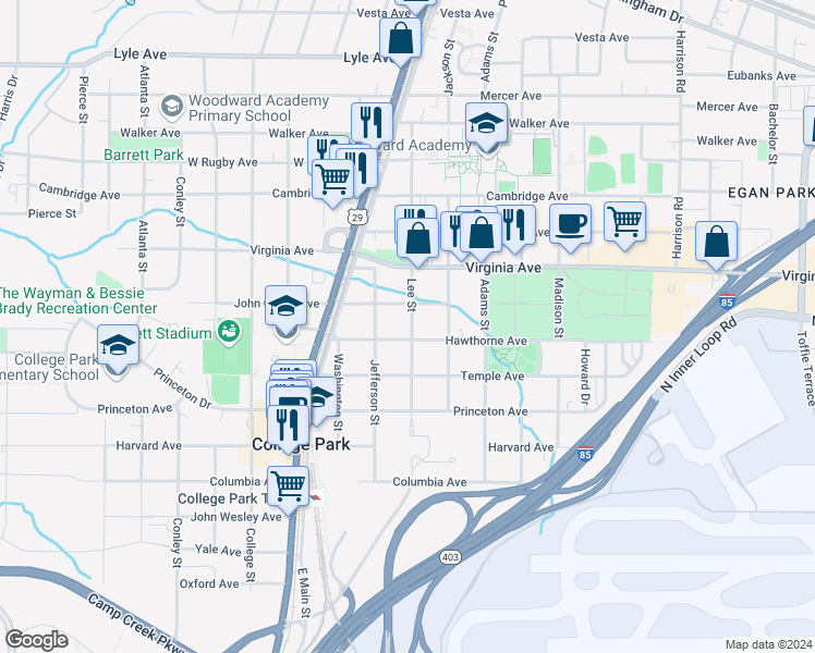 map of restaurants, bars, coffee shops, grocery stores, and more near 1727 Hawthorne Avenue in College Park