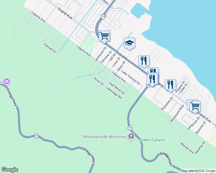 map of restaurants, bars, coffee shops, grocery stores, and more near 15600 Lakeridge Road in Lake Elsinore
