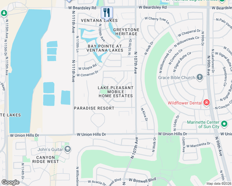 map of restaurants, bars, coffee shops, grocery stores, and more near 19030 North Dinero Road in Sun City