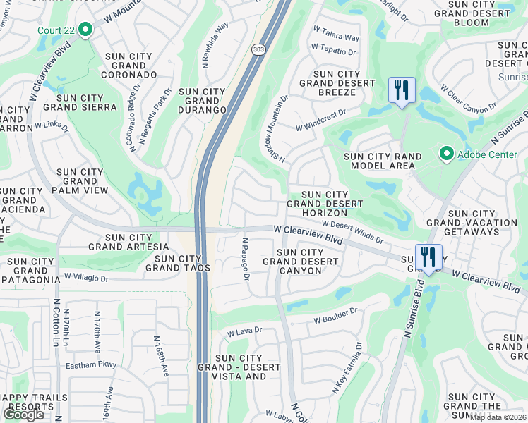map of restaurants, bars, coffee shops, grocery stores, and more near 16451 West La Posada Lane in Surprise