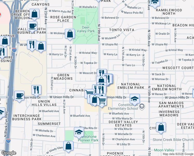 map of restaurants, bars, coffee shops, grocery stores, and more near 18813 North 19th Drive in Phoenix