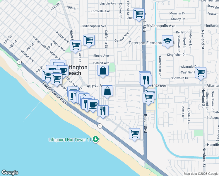 map of restaurants, bars, coffee shops, grocery stores, and more near in Huntington Beach