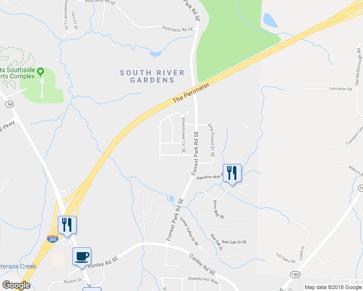 map of restaurants, bars, coffee shops, grocery stores, and more near 1007 Roosevelt Drive Southeast in Atlanta