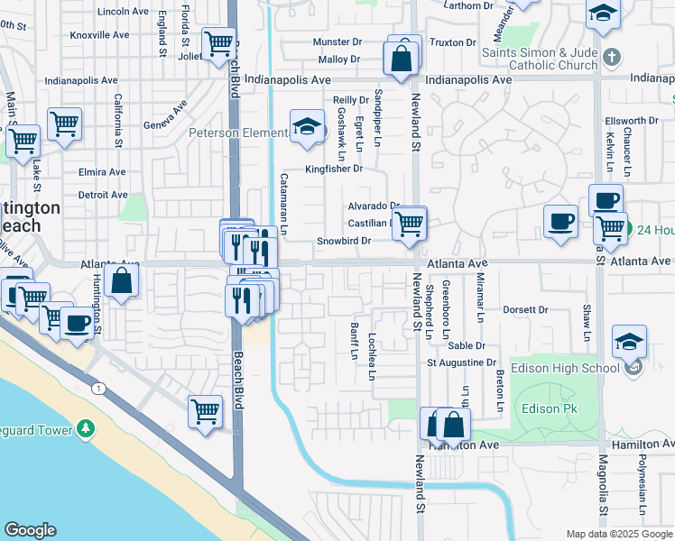 map of restaurants, bars, coffee shops, grocery stores, and more near 8262 Atlanta Avenue in Huntington Beach