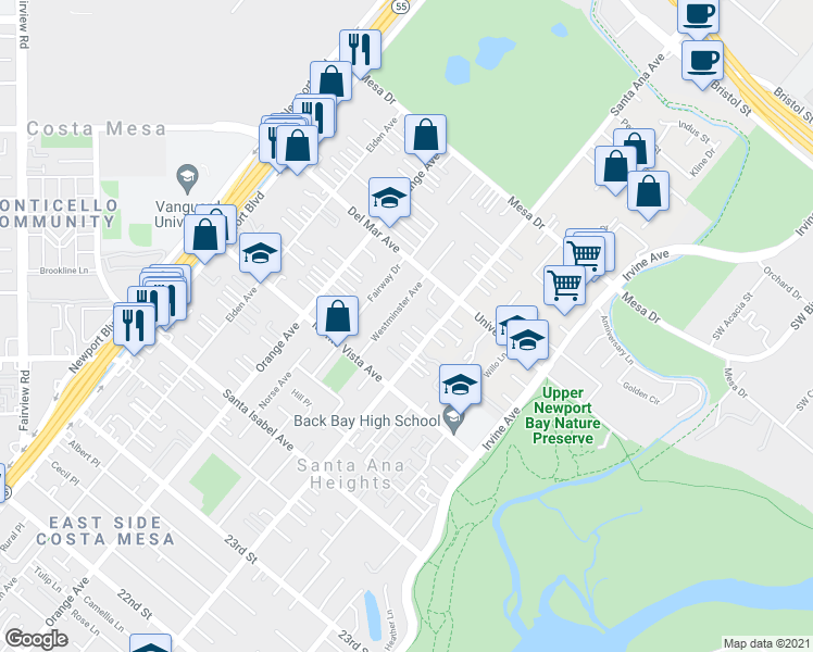 map of restaurants, bars, coffee shops, grocery stores, and more near 2553 Santa Ana Avenue in Costa Mesa