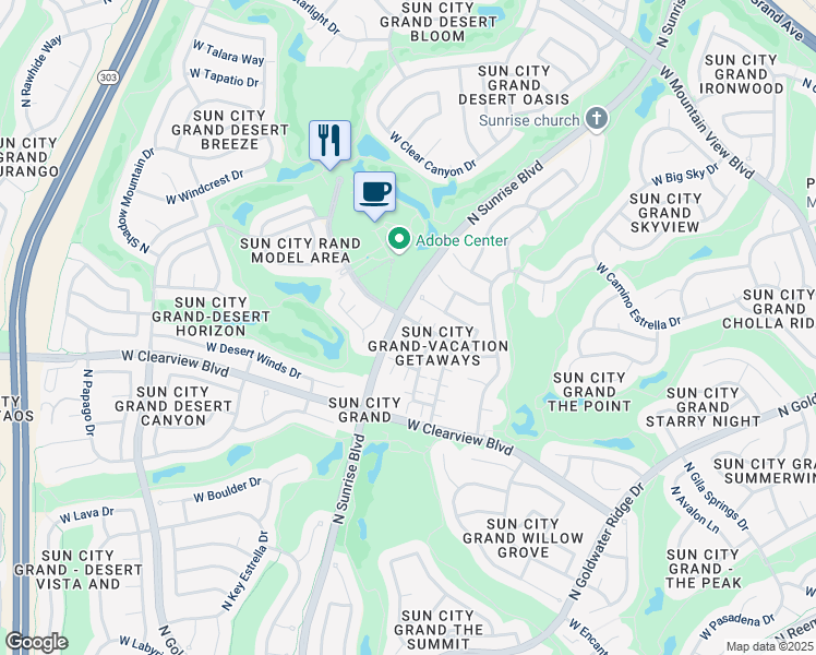 map of restaurants, bars, coffee shops, grocery stores, and more near 15879 North Desert Garden Drive in Surprise
