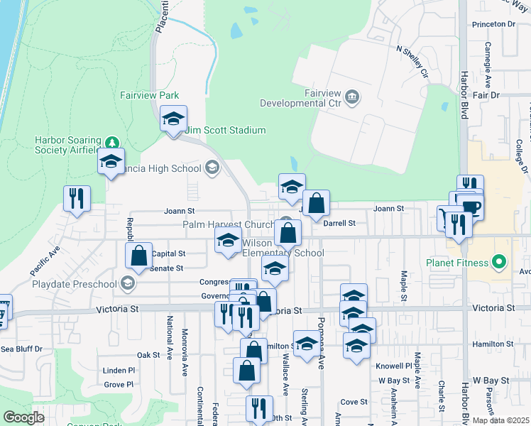map of restaurants, bars, coffee shops, grocery stores, and more near 755 Joann Street in Costa Mesa
