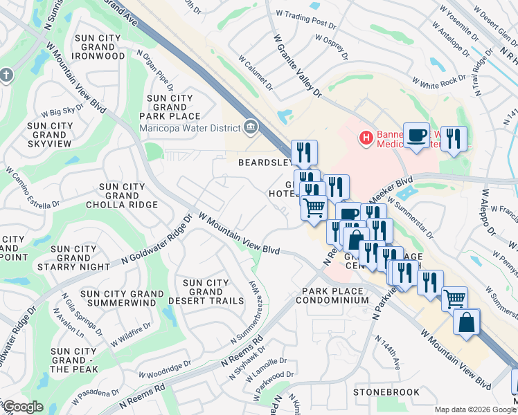 map of restaurants, bars, coffee shops, grocery stores, and more near 14950 West Mountain View Boulevard in Surprise