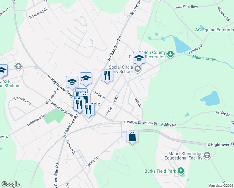 map of restaurants, bars, coffee shops, grocery stores, and more near 300 Poplar Avenue Northeast in Social Circle