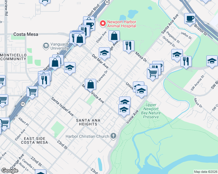 map of restaurants, bars, coffee shops, grocery stores, and more near 2553 Santa Ana Avenue in Costa Mesa