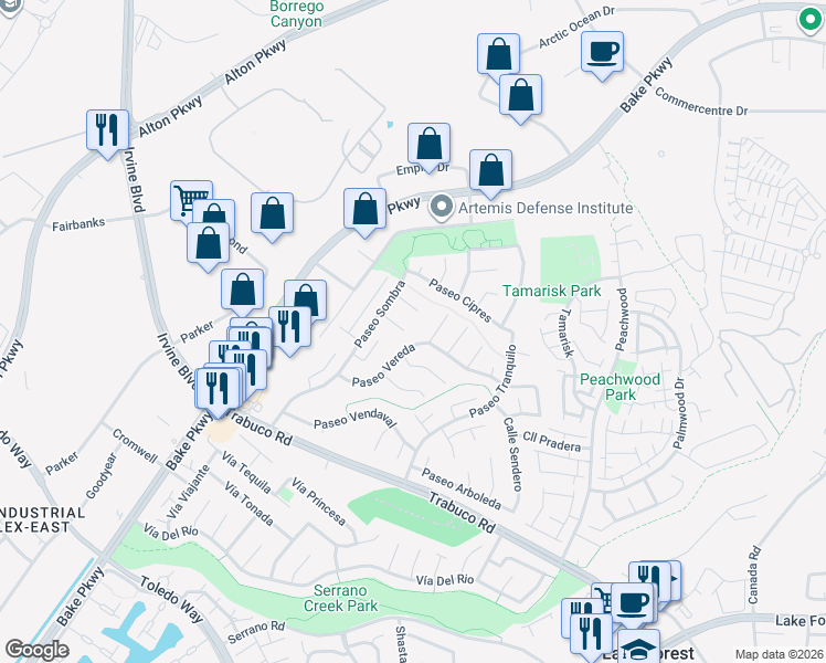 map of restaurants, bars, coffee shops, grocery stores, and more near 24951 Avenida Bancal in Lake Forest
