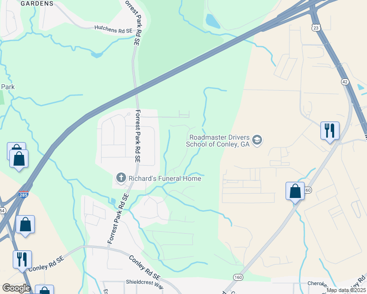map of restaurants, bars, coffee shops, grocery stores, and more near 3579 Oakshire Way Southeast in Atlanta