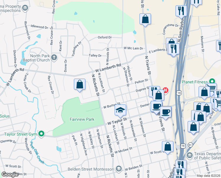 map of restaurants, bars, coffee shops, grocery stores, and more near 509 West Pelton Street in Sherman