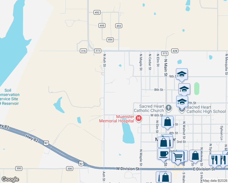 map of restaurants, bars, coffee shops, grocery stores, and more near 2619 North Ash Street in Muenster