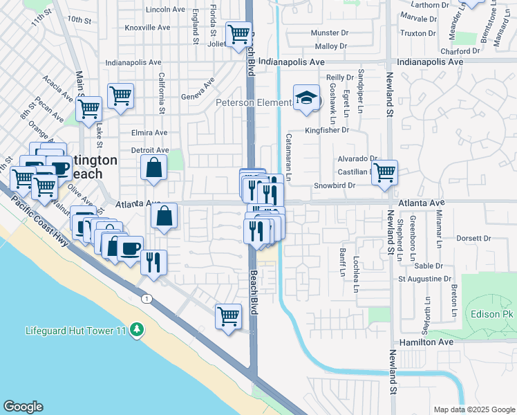 map of restaurants, bars, coffee shops, grocery stores, and more near 21000 Beach Boulevard in Huntington Beach
