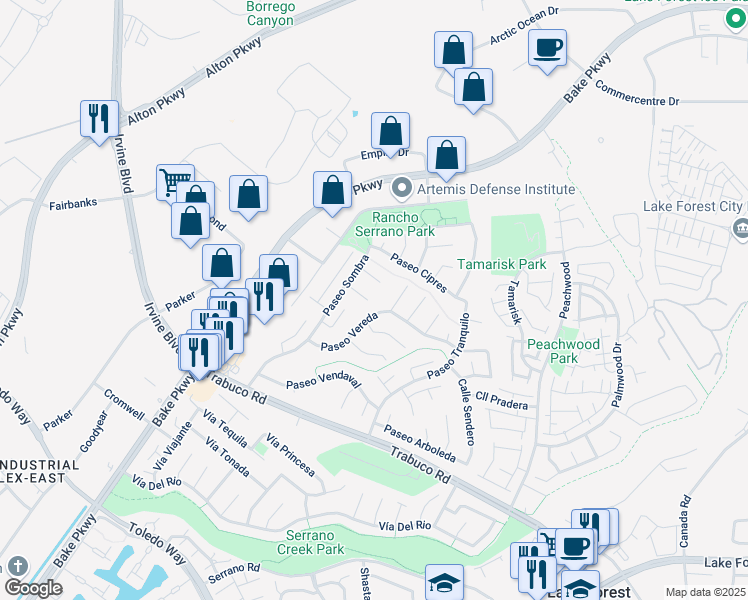 map of restaurants, bars, coffee shops, grocery stores, and more near 24951 Avenida Bancal in Lake Forest