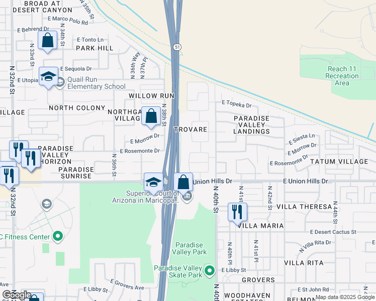 map of restaurants, bars, coffee shops, grocery stores, and more near 18652 North 39th Street in Phoenix