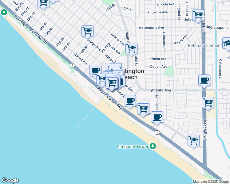 map of restaurants, bars, coffee shops, grocery stores, and more near 300 Pacific Coast Highway in Huntington Beach