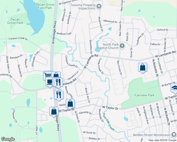 map of restaurants, bars, coffee shops, grocery stores, and more near 1710 West Lamberth Road in Sherman