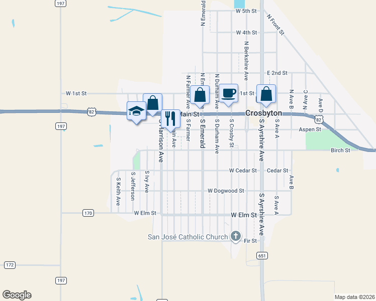 map of restaurants, bars, coffee shops, grocery stores, and more near 301 South Farmer in Crosbyton
