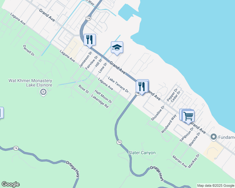 map of restaurants, bars, coffee shops, grocery stores, and more near 15731 Laguna Avenue in Lake Elsinore