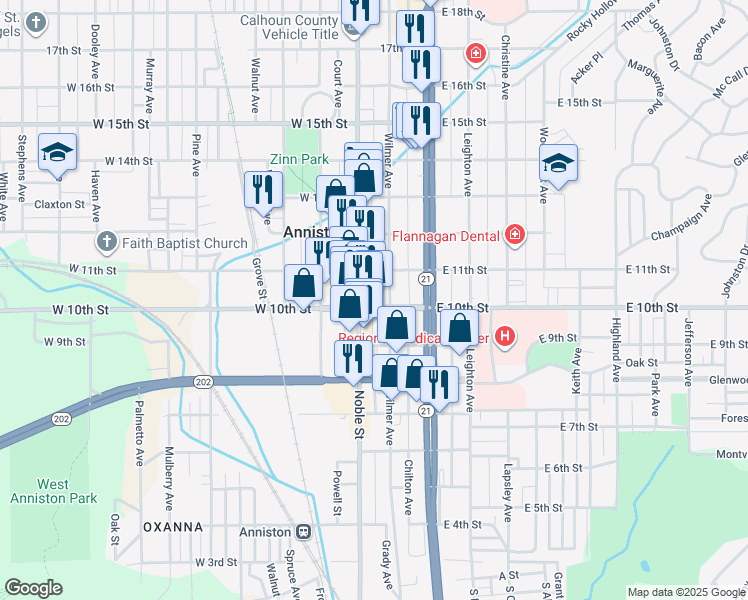 map of restaurants, bars, coffee shops, grocery stores, and more near 15 East 10th Street in Anniston