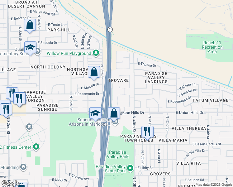 map of restaurants, bars, coffee shops, grocery stores, and more near 18652 North 39th Street in Phoenix