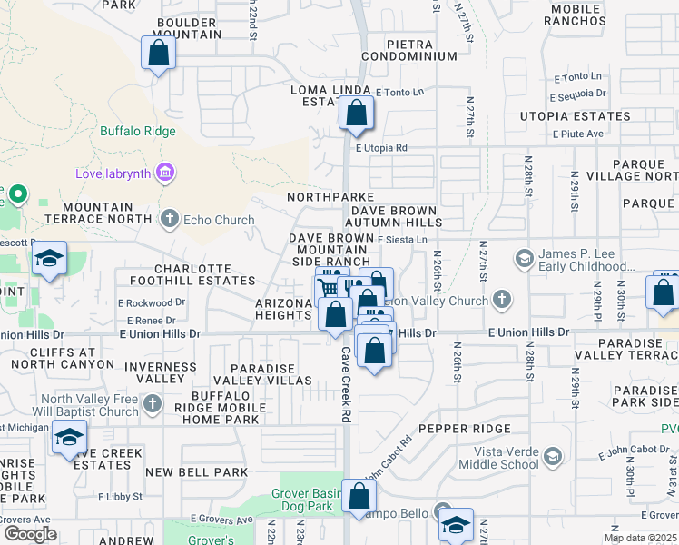 map of restaurants, bars, coffee shops, grocery stores, and more near 2403 East Rosemonte Drive in Phoenix
