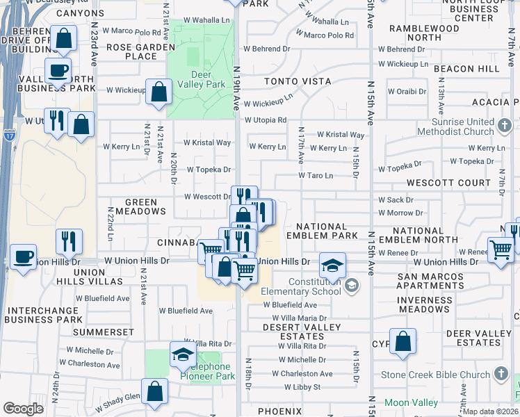 map of restaurants, bars, coffee shops, grocery stores, and more near 18811 North 19th Avenue in Phoenix