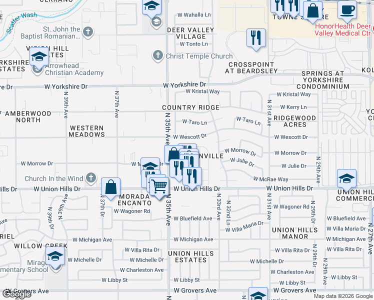 map of restaurants, bars, coffee shops, grocery stores, and more near 3401 West Morrow Drive in Phoenix